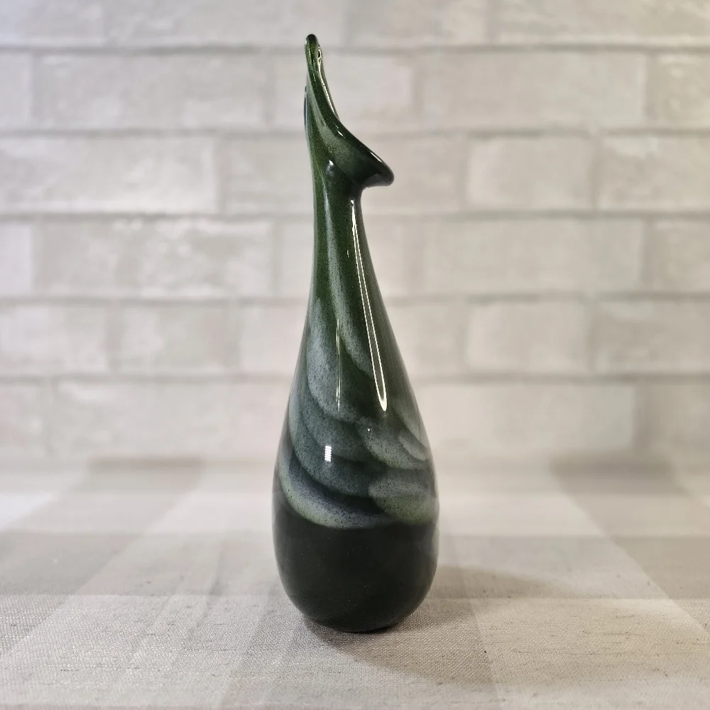 Hand Blown Teardrop Shaped Art Glass Vase Green Iridescent 10.5